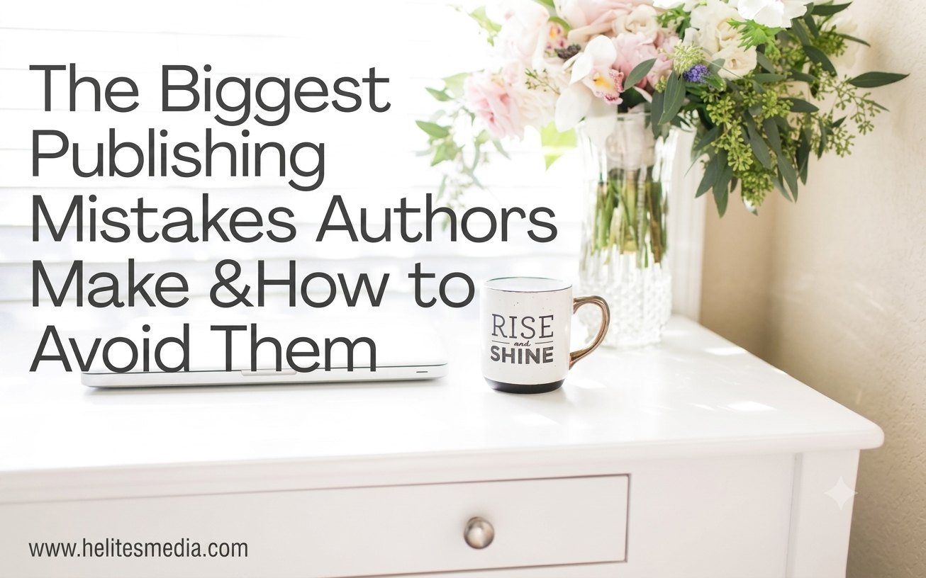 A bright white desk with a laptop, a Rise and Shine mug and fresh flowers, with the article title over it